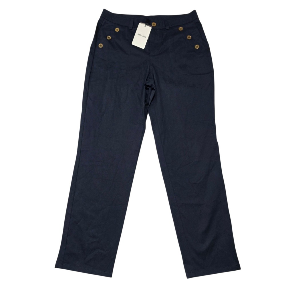 Saint + Sofia Gwen Chino Navy Women Size 10 Sailor Pants Gold Button NEW